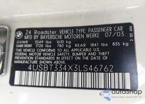2003 BMW Z4 2.5I from USA, damaged, VIN 4USBT334X3LS46762
